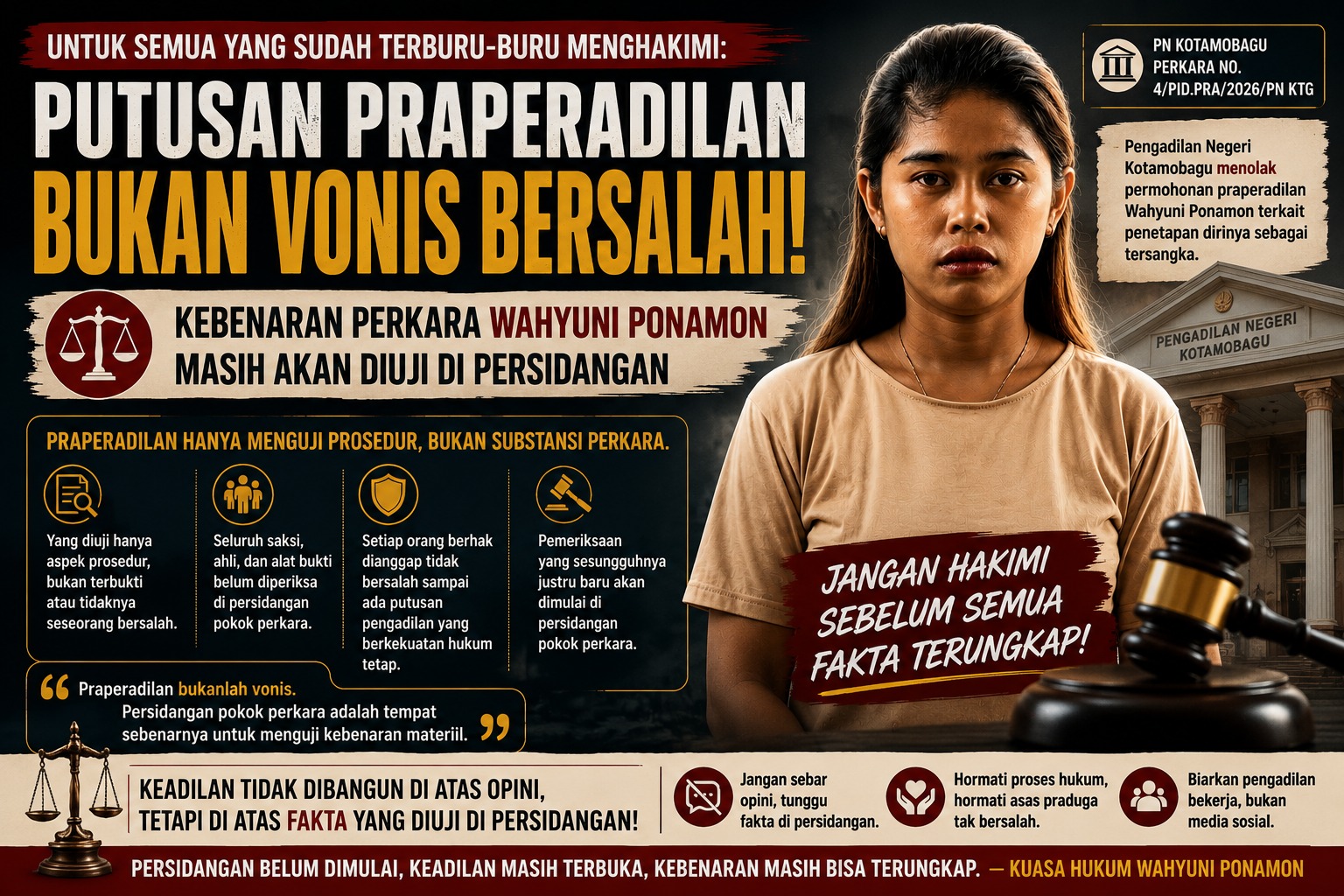 Putusan Praperadilan Bukan Vonis Bersalah: Kebenaran Perkara Wahyuni Ponamon Masih Akan Diuji di Persidangan